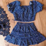 ست کامل تاپ و دامن خال‌خال سرمه‌ای شیک برای دختر بچه‌ها