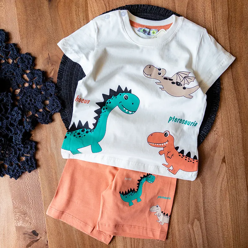 ست کامل تیشرت و شلوارک آجری با طرح دایناسور برند استلا برای کودکان