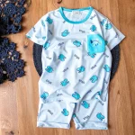 ست راحتی کودکانه با تیشرت و شلوارک آبی و چاپ کله‌ دایناسور