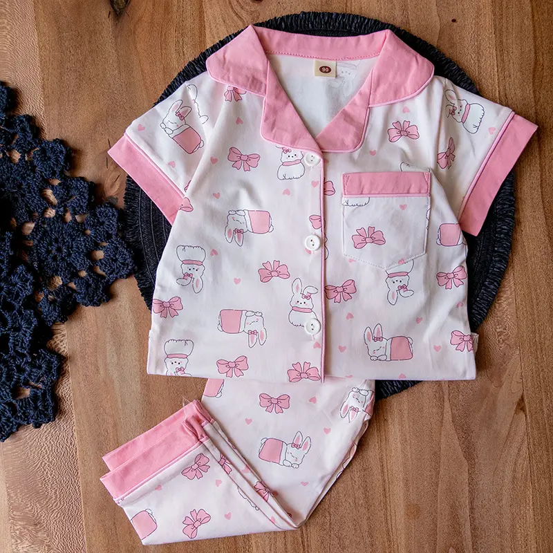 ست راحتی کودکانه جلو‌دکمه‌ای با طرح خرگوش و پاپیون