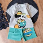 1. ست راحتی کودکانه با تیشرت و شلوارک طوسی و چاپ میکی ماوس