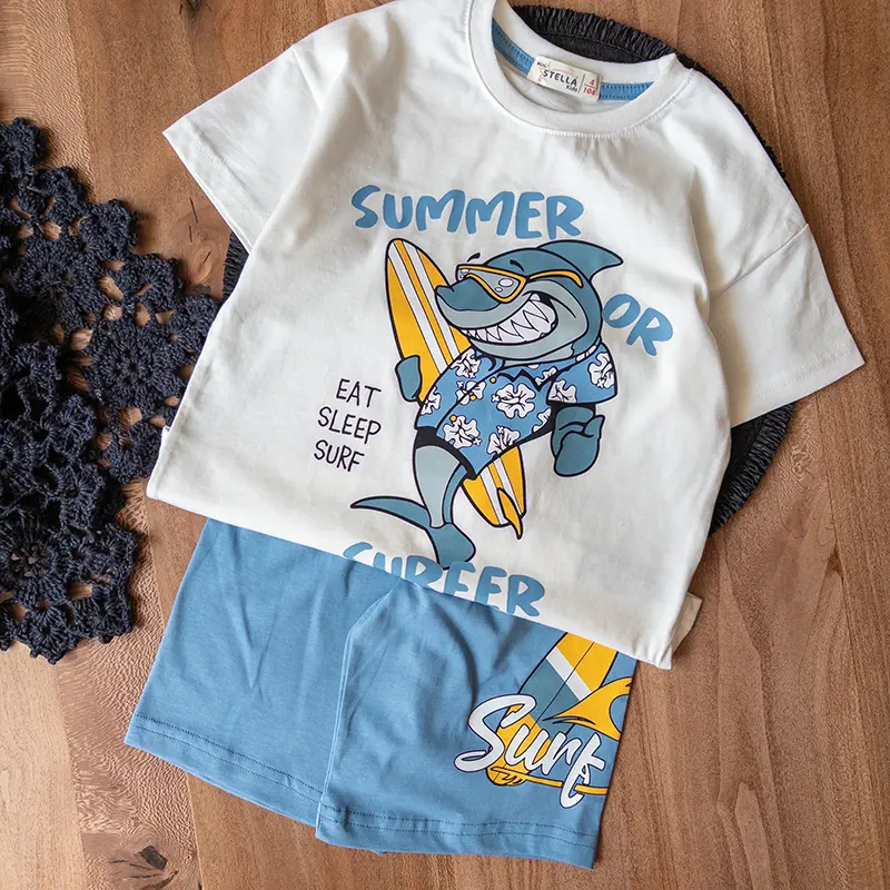 ست تیشرت و شلوارک آبی با طرح کوسه