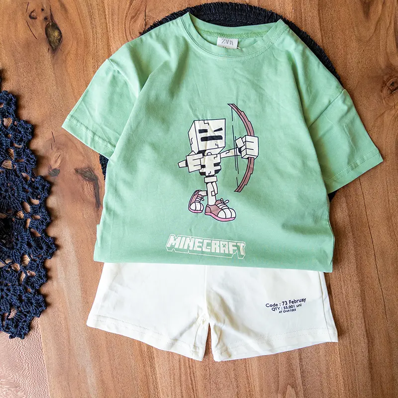 ست تیشرت و شلوارک زارا سبز با طرح ماینکرفت