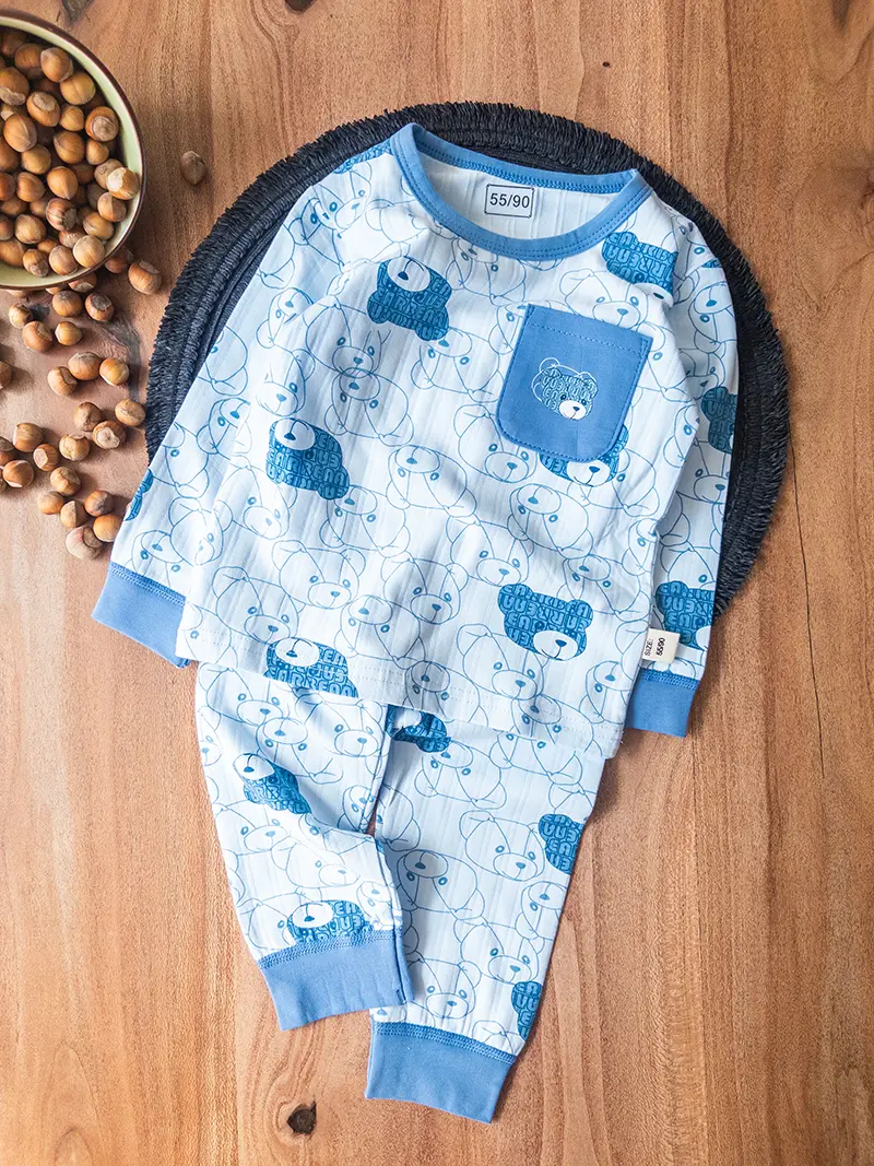 لباس راحتی پسرانه آبی با یقه گرد و طرح کله خرس کارتونی