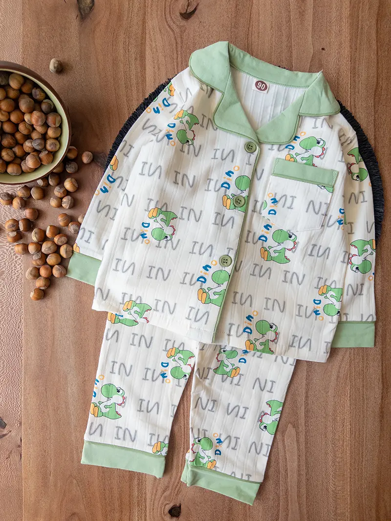 لباس راحتی بچگانه پسرانه جلو دکمه‌ای طرح دایناسور سبز
