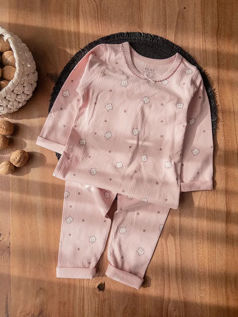 ست راحتی دخترانه صورتی راه‌راه با طرح گربه و قلب فانتزی