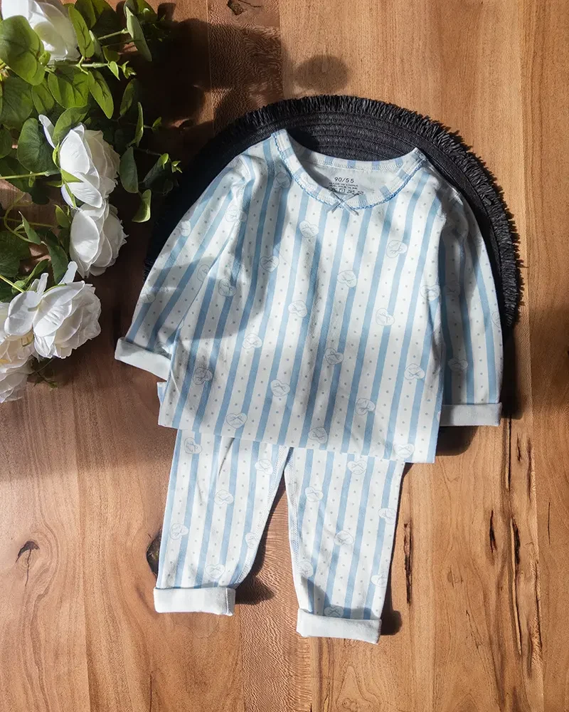 لباس راحتی یقه‌گرد قلب آبی راه‌راه