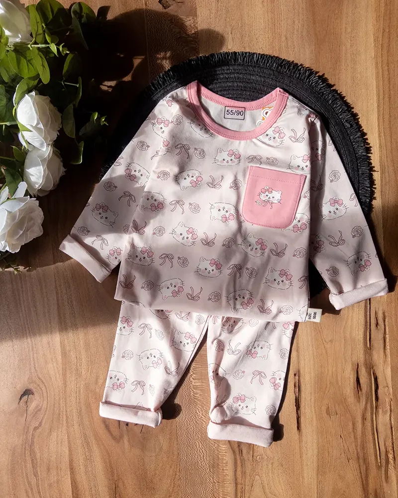 لباس راحتی یقه‌گرد گربه و پاپیون صورتی